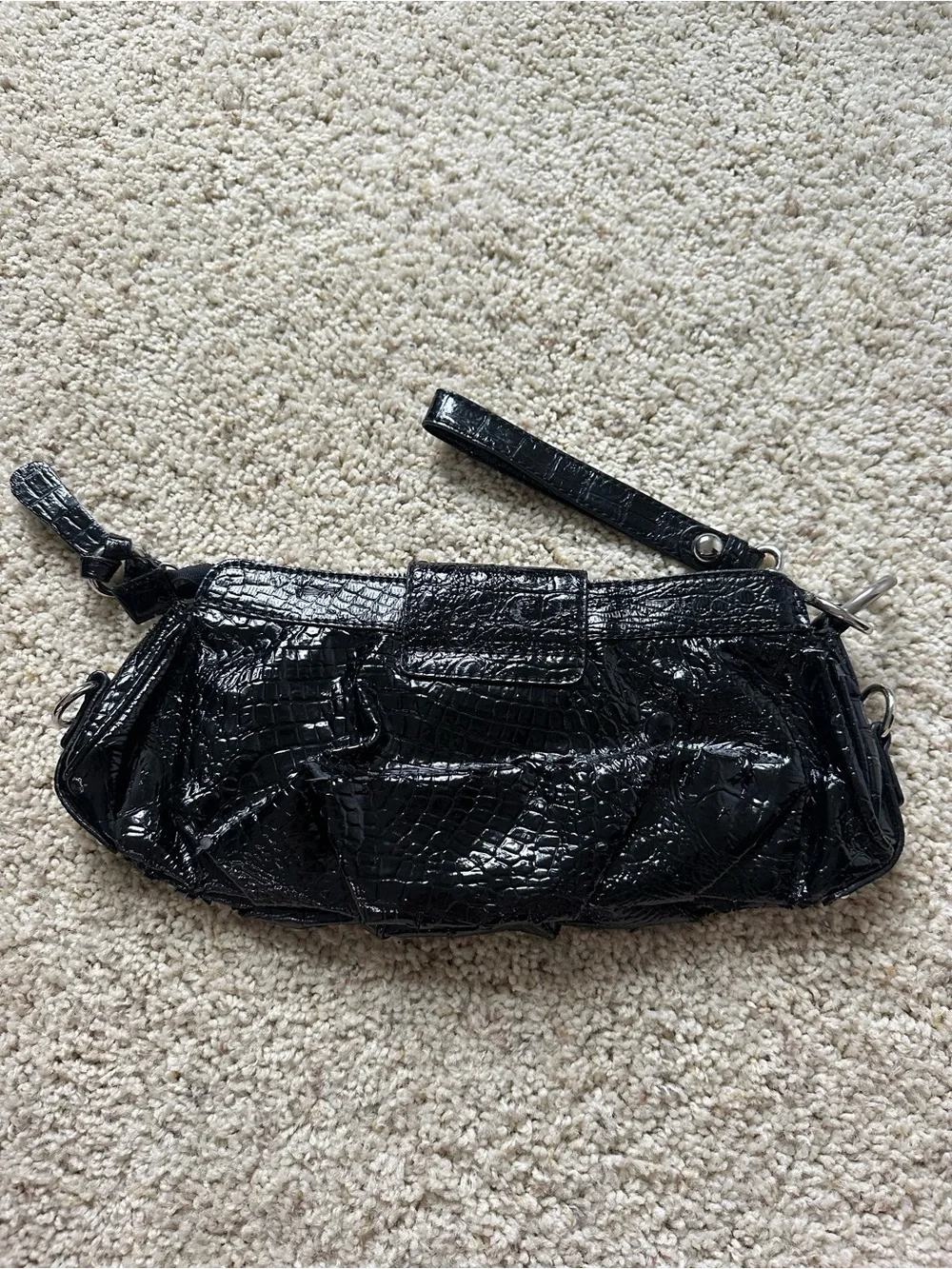 GUESS Black Patent Croc-Embossed Wristlet Clutch with Detachable Strap